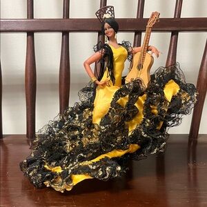 Vintage Elegant Flamenco Doll with Guitar - Yellow and Black